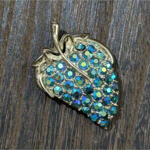 vintage  Brooch Pin  Strawberry blue green Aurora Borealis  Rhinestone Enamel